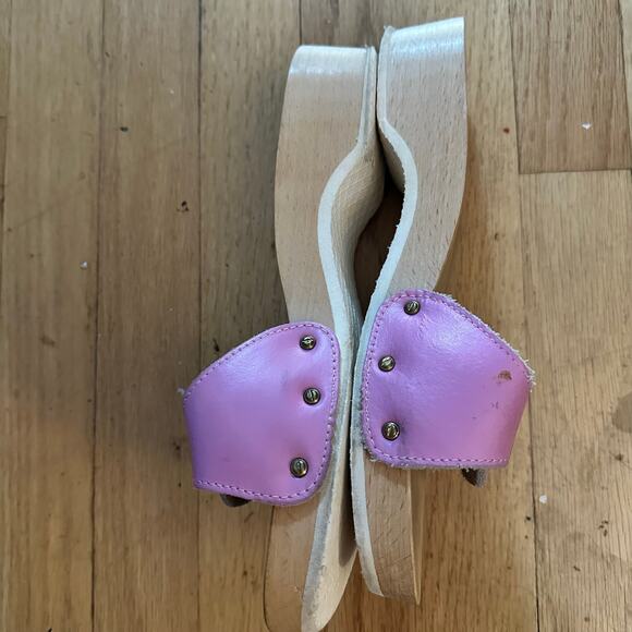 Dr. Scholls Original 10? Exercise Sandals Clogs Vintage Pink Leather Wooden Sole - Picture 5 of 15